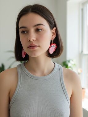 Rock n Roll Lips and Tongue Earrings Handmade Cold Pressed  porcelain Clay